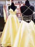 Unique A line Spaghetti Straps Pale Yellow Satin Long Prom Dresses Formal Gown Inspo Evening Outfit HZ0311