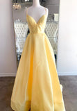 Unique A line Spaghetti Straps Pale Yellow Satin Long Prom Dresses Formal Gown Inspo Evening Outfit HZ0311