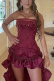Modest High Low Strapless Burgundy Satin Prom Dresses With Beads Evening Party Formal Gown 18th Birthday Gowns HZ0311