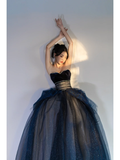 Unique Ball Gown Strapless Navy Blue Tulle With Pleated Long Quinceanera Dresses Sweet 15 16 Birthday Gown HZ0311