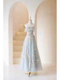 Elegant Ball Gown Strapless Tulle Floral Lace Light Sky Blue Prom Dress Charming Evening Party Dress Fashion Wedding Guest Dress HZ0311