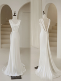 Timeless Mermaid V Neck White Satin Long Bride Dress Summer Simple Classy Wedding Dresses HZ0311
