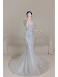 Timeless Women's Silver Wedding Dress With 3/4 Sleeves Beads for Bride Bride Dress V Neck Mermaid HZ0311