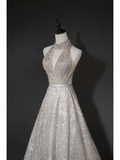 Timeless A line Women's Silver Wedding Dress With Sequin V Neck Bride Dress HZ0311