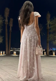 Elegant A line Floral Pattern Backless Short Sleeve Prom Dress Formal Dresses HZ0311