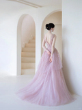 Modest Ball Gown V Neckline Pink Tulle Beaded Prom Dresses Long Party Dress Evening Dresses HZ0311