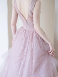 Modest Ball Gown V Neckline Pink Tulle Beaded Prom Dresses Long Party Dress Evening Dresses HZ0311