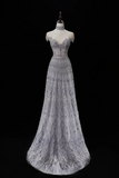 Vintage A Line Scoop Neck Short Sleeves Silver Gray Long Prom Dresses Aesthetic For Teens Formal Dress Party Outfits Prom Gown HZ0311