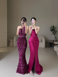 Modest Mermaid Strapless Fuchsia Sequin Prom Dresses Long Party Dress Evening Dresses HZ0311