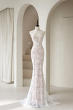 Timeless Women's Mermaid Spaghetti Straps Champagne White Lace Wedding Dress Mermaid for Bride Dresses HZ0311