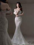 Women¡¯s Off The Shoulder Mermaid With Sleeves Beads Bridal Wedding Dresses Floor Length For Bride HZ0311