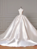 Princess Long Wedding Gowns Ball Gown Sweetheart Pleated Satin for Bride With Beads White Bridal Dress HZ0311