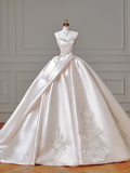 Princess Long Wedding Gowns Ball Gown Sweetheart Pleated Satin for Bride With Beads White Bridal Dress HZ0311