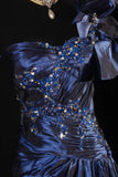 Vintage Prom Dresses 90s Formal A line One Shoulder Navy Blue Satin With Beadings Long Party Gowns Prom Dresses HZ0311