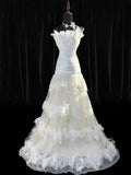 Timeless Women's Mermaid Strapless Sleeveless White Tulle Tiered Pleated With Beads Long Vintage Fitted 1920s Wedding Dresses HZ0311