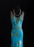 Vintage Prom Dresses 90s Formal Mermaid V Neck Blue Chiffon With Beadings Long Party Gowns Prom Dresses HZ0311