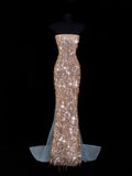 Affordable Sequin 1950s Formal Mermaid Strapless Champagne With Beads Style Impress Long Prom Dresses Party Formal Gowns HZ0311