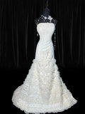 Elegant Mermaid Strapless Sleeveless White Lace Tiered Long Vintage Fitted 1920s Wedding Dresses HZ0311