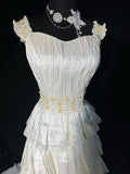 Timeless Women's A Line Strapless Sleeveless White Lace Tiered Satin Long Vintage Fitted 1920s Wedding Dresses HZ0311