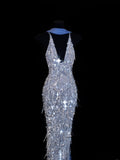 Affordable Sequin 1950s Formal Mermaid V Neck Halter Blue With Beads Style Impress Long Prom Dresses Party Formal Gowns HZ0311