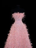 Modest Prom Dress Aesthetic Ball Gowns Strapless Tulle Pink With Feathers Style Impress Long Prom Dresses Party Formal Gown HZ0311