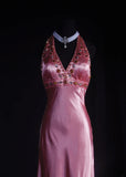 Vintage 90s Prom Dresses Women A line Halter Pink Silk Satin With Beaded Formal Dance Evening Party Gowns HZ0311