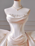 Timeless Wedding Dresses Sheath Strapless Satin Drop Waist Pleated Bow-knot Dress Style For Brides With Pleated Fitted Long Bridal Gowns HZ0311