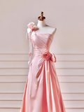 Modest Prom Dresses Aesthetic A Line One Shoulder Pink Satin Impress Long Party Formal Gown For Teens High Schools Girls HZ0311