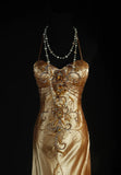 Vintage Prom Dresses 90s Formal Mermaid Halter Gold Silk Satin With Beadings Long Party Gowns Prom Dresses HZ0311
