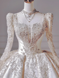 Princess Long Wedding Gowns Ball Gown Square Neck For Bride With Long Sleeves Appliques Beaded Bodice Bridal Dress HZ0311