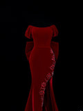 Classic 1950s Formal Mermaid Off The Shoulder Burgundy Velvet With Beads Bow-knot Style Impress Long Prom Dresses Party Gowns HZ0311
