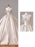 Princess Long Wedding Gowns Ball Gown Sweetheart Sleeveless Light Pink Satin For Bride With Beads Train Bridal Dresses HZ0311