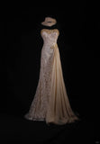 Vintage Mermaid Sweetheart Champagne Lace With Gold Beads Scarf Long Party Dress With Beads 1950s Retro Classy Birthday Dinner Prom Dress HZ0311