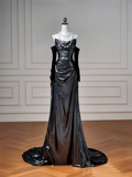 Glitter Mermaid Black Strapless With Removable Sleeves Long Formal Fancy Prom Evening Dress Dinner Outfits Party Gowns For Teens HZ0311