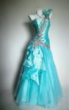 Classy Ball Gown One Shoulder Blue Satin With Beaded Bodice Tulle Sleeveless Long Prom Dresses Inspo Senior Sweet 16 Birthday Outfits HZ0311