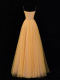 Simple Formal A Line Spaghetti Strap Yellow Tulle Style Impress Long Prom Dresses Party Gowns HZ0311