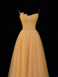 Simple Formal A Line Spaghetti Strap Yellow Tulle Style Impress Long Prom Dresses Party Gowns HZ0311