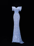 Modest Prom Dress Aesthetic Mermaid Off The Shoulder Blue Tulle Style Impress With Sleeves Long Party Formal Gown HZ0311