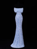 Modest Prom Dress Aesthetic Mermaid Off The Shoulder Blue Tulle Style Impress With Sleeves Long Party Formal Gown HZ0311
