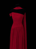 Classy A Line 1950s Formal One Shoulder Red Chiffon Pleated Style Impress Long Prom Dresses Party Gowns HZ0311