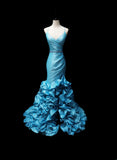 Vintage Mermaid Spaghetti Strap Blue With Beading Satin Sleeveless Long Prom Dresses High School Senior Graduation Dance Evening Outfits HZ0311