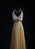 Women's Cocktail Party Gowns 80s A line V Neck Chiffon Pleated With Beads Long Graduation Dinner Outfits Prom Dresses HZ0311
