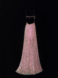 Classy Formal A Line Spaghetti Strap Pink Sequins Style Impress Long Prom Dresses Party Gowns HZ0311