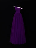 Classy A Line 1950s Formal One Shoulder Purple Tulle With Beads Pleated Style Impress Long Prom Dresses Party Gowns HZ0311
