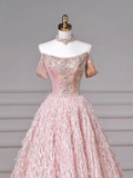 Fairy-tale Ball Gown Strapless Pink Tulle With Gems Long Formal Fancy Beaded Prom Evening Dress Dinner Outfits Party Gowns HZ0311