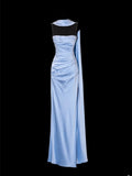 Classy Sheath Spaghetti Strap Light Sky Blue Satin Formal Style Impress Long Prom Dresses Party Gowns HZ0311