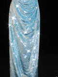 Classy Sheath Spaghetti Straps Blue Sparkly Sequins Style Impress Long Prom Dresses Formal Party Gowns HZ0311
