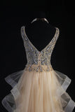 Women's Cocktail Party Gowns A Line V Neck Champagne With Beaded Tops Long Graduation Dinner Outfits Prom Dresses HZ0311