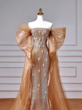 Sparkly Mermaid Strapless Sequins With Beaded Short Sleeves Long Formal Fancy Prom Evening Dress Dinner Outfits Party Gowns HZ0311