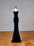 Classy Mermaid Spaghetti Straps Navy Blue With Bow Long Formal Prom Dresses Dance Night Outfits Party Gowns HZ0311